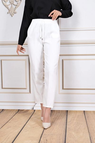 AYHAN AYDIN Women's White Elastic Waist Ankle Length Pants