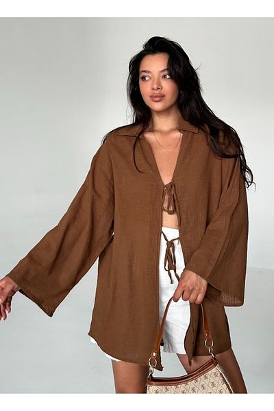 Laluvia Braune Kimono-Bluse aus 100 % Leinen mit Schnürung