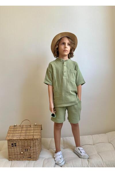 YİGİT BUTİK Yigit Butik Muslin Fabric Shirt Collar Boy's Shorts Suit