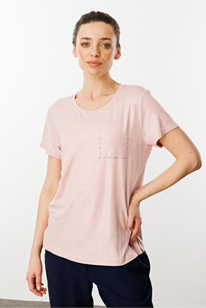 Desen Triko Жіноча футболка з низьким коміром і короткими рукавами, пудровий ...
