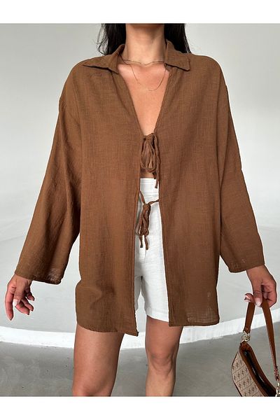 Laluvia Braune Kimono-Bluse aus 100 % Leinen mit Schnürung
