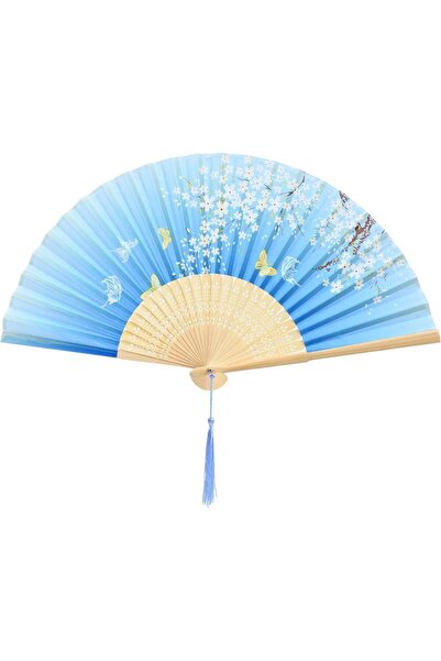 BELUGA Yelpaze Bambu Vintage Mavi Kelebekli Bahar Dalı Desenli Şık Püsküllü Japon Yelpaze 0396