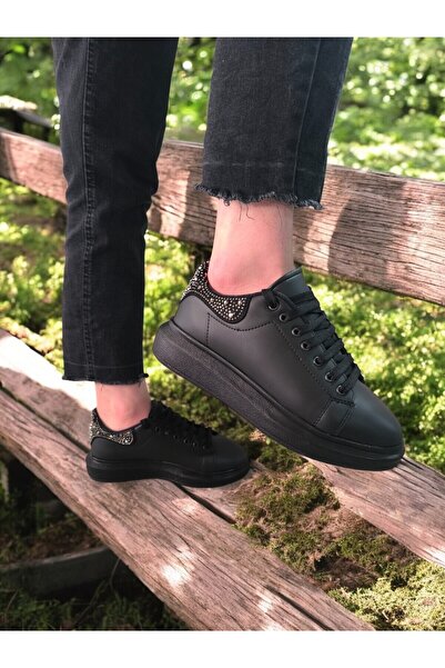 OBAY LİFE Pantofi sport casual de damă, negri, cu talpă plată, cu pietre la s...