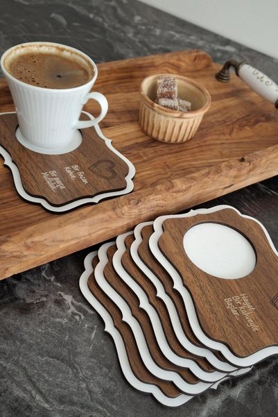 ERDİZDEN 6 Piece Laser Cut Wooden Plate, Bowl Set