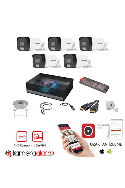 Hikvision 5 Kameralı 7/24 Renkli Görüşlü AHD Güvenlik Kamerası Seti - 40 Metr...