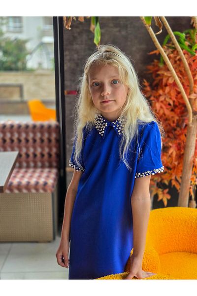Hilal Akıncı Kids Short Sleeve Girl Dress Collar and Sleeves with Stones