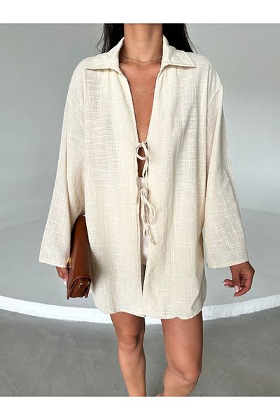 Laluvia Steinfarbene Kimono-Bluse aus 100 % Leinen mit Spitzendetail