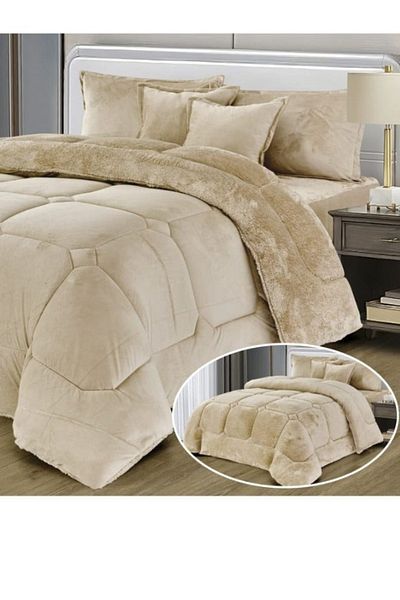 Moon 6 Pieces Winter Comforter Set One Velvet Side And One Side Fur Queen Size 230x250 cm