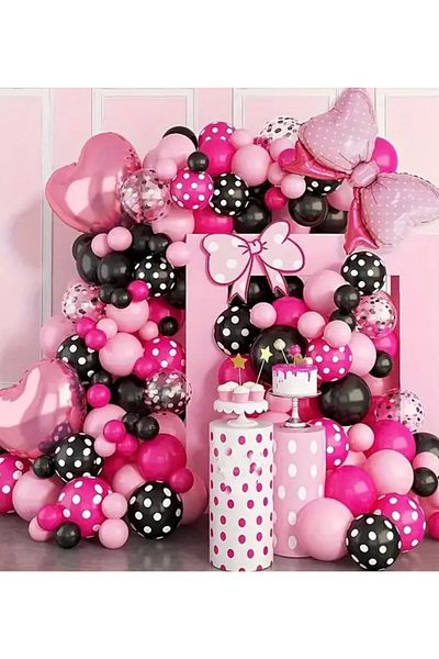 Çemrek Süs Parti Pink Black Polka Dot Balloon Chain Set Set of 102 Including Bow and Heart Foil Balloon