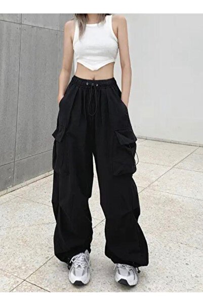 Pop Giyim Baggy Trousers with Cargo Pockets and Elastic Waist