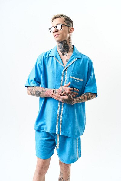 Respire Men's Embroidered Oversize Linen Shorts Suit Blue