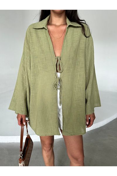 Laluvia Khakifarbene Kimono-Bluse aus 100 % Leinen mit Spitzendetail