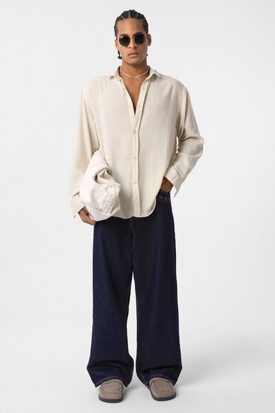 VAMOSCLO قميص كتان بأكمام طويلة باللون البيج