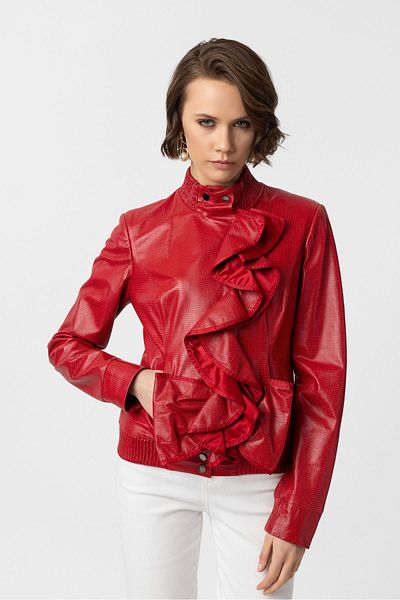 Deriderim Red Farah Side Zipper Ruffle Detailed Lined Women's Genuine Leather Coat