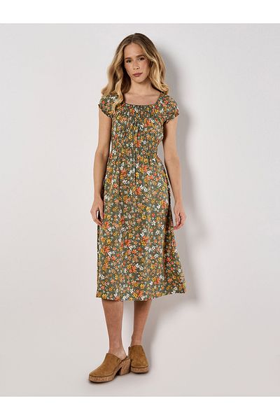 Apricot Geblümtes Milkmaid Midikleid