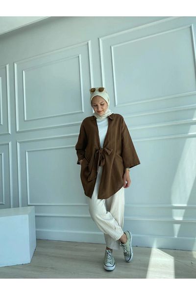 My Blog Kimonohemd aus Leinen in Braun mit Flam-Muster, 100 % Baumwolle