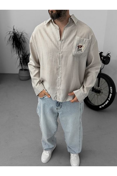 BYBASICMAN Beige Striped Pocket Embroidered Shirt G-5612/1