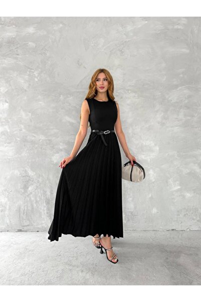 By Kuzey Aras Lina Kemerli Keten Piliseli Midi Elbise