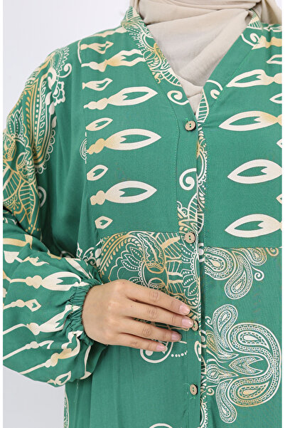 sefamerve Alaçatı Patterned Half Buttoned Viscose Dress 0040-01 Green