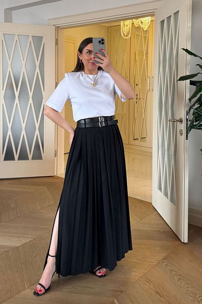 Tuba Butik Pleated Long Skirt with Belt Detail
