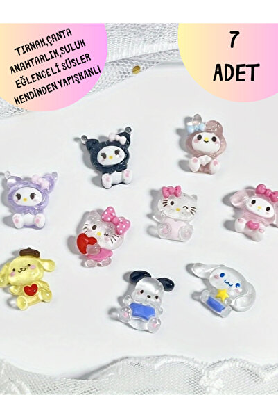 ALLStore 7'li Reçine Boncuk Yapışkanlı Hello Kitty Kromi Karışık Tırnak,Çanta...