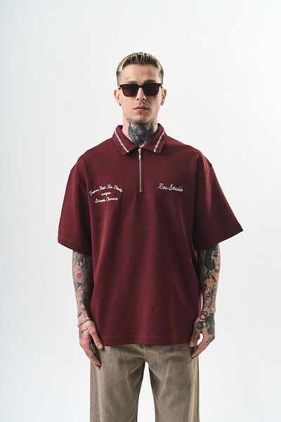 Respire Men's Half Zipper Embroidered Oversize T-Shirt Claret Red