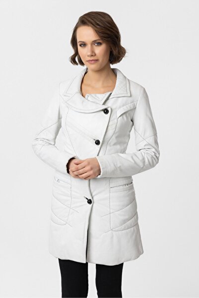 Deriderim Beyaz Bella Elyaf Dolgulu Şal Yaka Düğmeli Kadın Deri Kaban