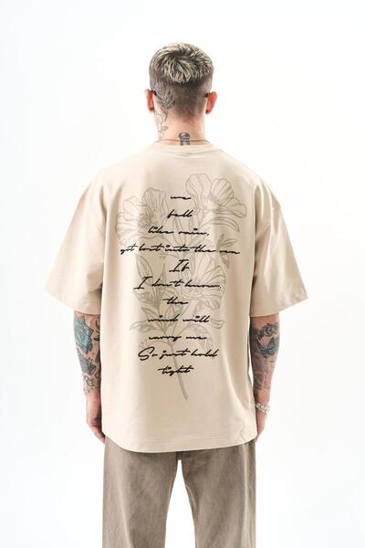 Respire Μπεζ Oversize Ανδρικό T-Shirt Just Hold Κεντημένο