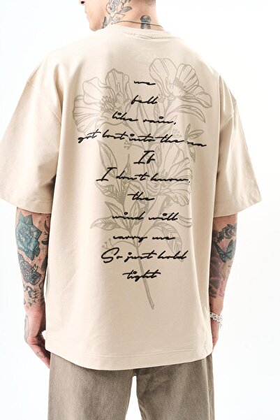 Respire Μπεζ Oversize Ανδρικό T-Shirt Just Hold Κεντημένο