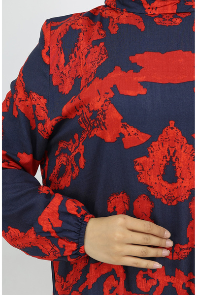 sefamerve Viskon Kumaş Kolu Lastikli Desenli Elbise 2018-04 Kırmızı