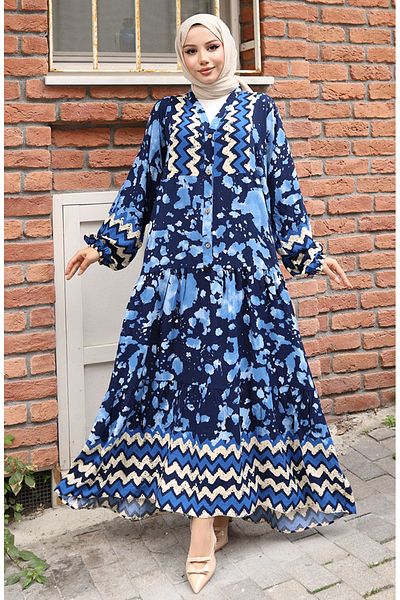 sefamerve Φόρεμα βισκόζης με μισό κουμπί Alaçatı 0041-02 Navy Blue