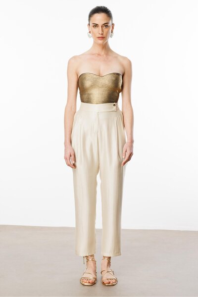 Moda İlgi Modailgi Arka Kemeri Lastikli Çift Pileli Pantolon - 15076 Bej