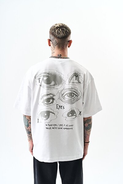 Respire Мъжка тениска с щампа Eyes Oversize, бяла