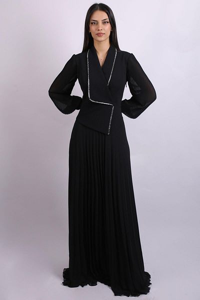 SpringStore Black Skirt Pleated Evening Dress