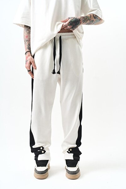 Respire Men's Leg Detailed Interlock Baggy Sweatpants Ecru