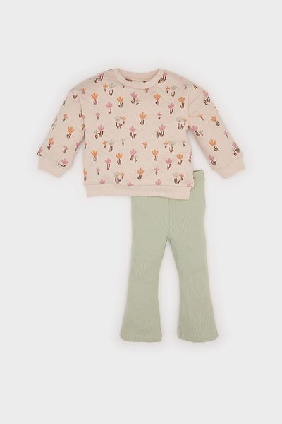 DeFacto Baby Girl 2-Piece Set Crew Neck Floral Quilted Sweatshirt Flared Leg Leggings D7254A524Wn