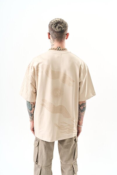 Respire Erkek Hand Baskılı Oversize T-Shirt Bej