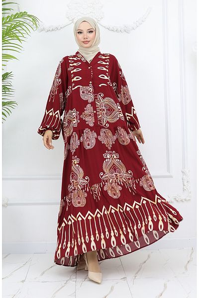sefamerve Φόρεμα βισκόζης με μισό κουμπί Alaçatı 0040-05 Claret Red