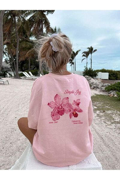 Trendseninle Tricou oversize cu imprimeu Simple Joy roz de damă