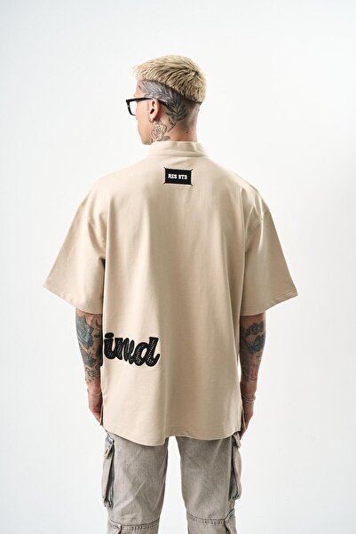 Respire Ανδρικό μπλουζάκι μπεζ Oversize με κέντημα με μισό φερμουάρ