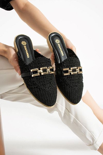 AlbiShoes Women's Chain Slippers Closed Front Straw Lace Knitted Casual Sandals Slippers Summer Slippers