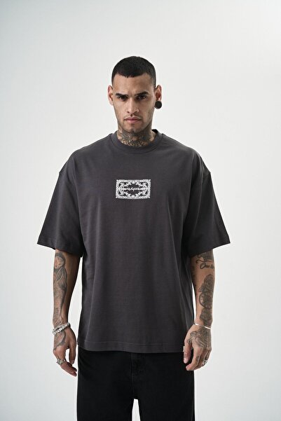 Respire Men's Ornaments Printed Oversize T-Shirt Smoked