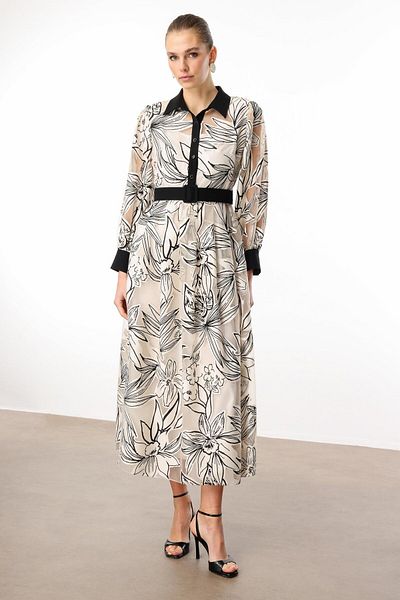Moda İlgi Modailgi Waist Belted Floral Patterned Organza Dress Original