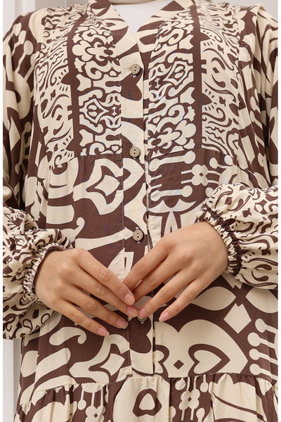 sefamerve Alaçatı Patterned Half Buttoned Viscose Dress 0042-04 Brown