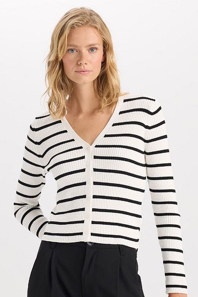 DeFacto Viscose Rib Look V-Neck Striped Cardigan - D6155Ax24Au
