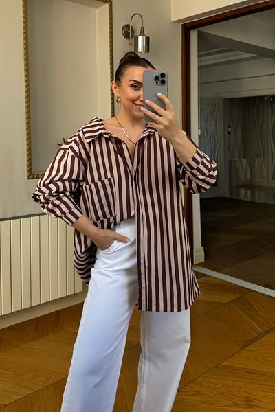 Tuba Butik Oversize Striped Women's Shirt