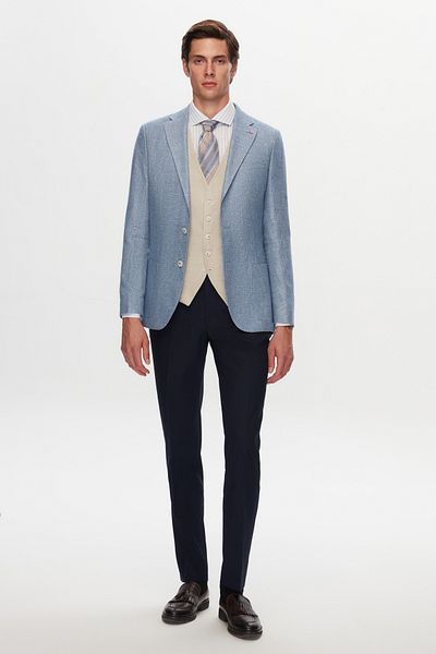 D'S Damat Blue Linen Slim Fit Mono Collar Suit - Dobby Combination