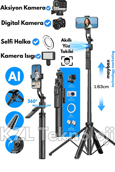 Maybax 360° Oynar Başlı Telefon Tutucu Çok Amaçlı 160cm Tripod Kameralı Harek...