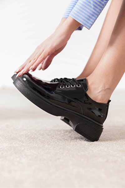 öz se shoes LONİKA BAĞCIKLI SİYAH KALIN TABAN OXFORD & KOLEJ AYAKKABISI