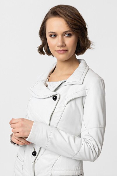 Deriderim Beyaz Bella Elyaf Dolgulu Şal Yaka Düğmeli Kadın Deri Kaban